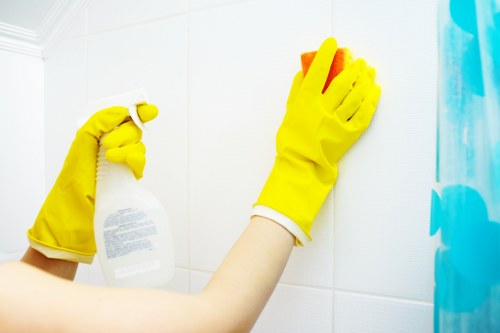Professional cleaners maintaining a workplace kitchen and desks